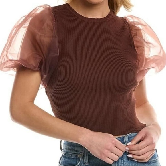 🔥MOVING SALE🔥 ASTR brown sheer puff sleeves open back top Medium - Picture 1 of 7
